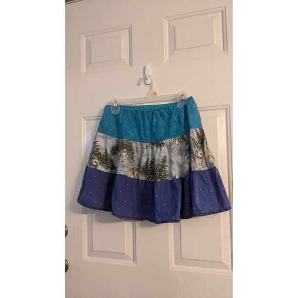 Vintage Dresses & Skirts - Ruffle skirt with wolf graphic, blue & purple layers, handmade, xs, animalcore